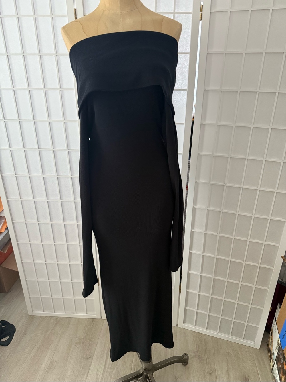 Zara Black Off Shoulder Ribbed Knit Midi Dress Women’s Large NWT